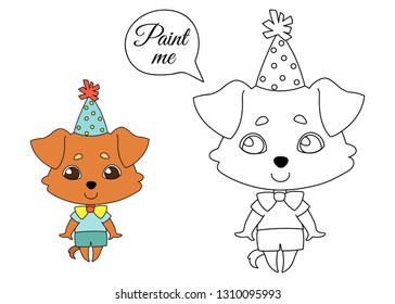 Ginger Dog with hanging ears in a festive cap and summer clothes is standing and smiles. Coloring book pages for kids. Colorless and color samples. Cartoon vector illustration. 