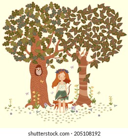 Ginger fairy girl in forest, vector illustration
