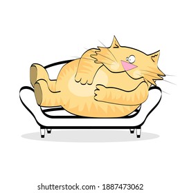 Un jengibre, gato gordo yace en el sofá.