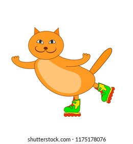 Ginger fat cat rides on roller skates. Vector color cartoon image.