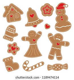 Ginger Figurines. Snowman, Gingerbread Man, Gingerbread House, Christmas Tree, Snowflake, Handgrip, Sock, Heart, Lollipop. Merry Christmas. Vector Background.