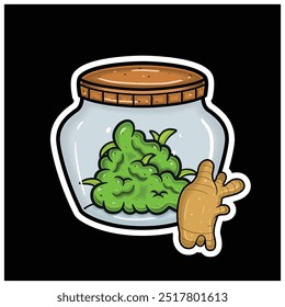 Ginger Flavor With Cartoon Mascot of Weed Bud On Jar. For Sticker and label. Vector and Illustration.