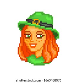 Ginger freckled leprechaun girl in a green hat portrait, pixel art Saint Patrick's Day character avatar isolated on white background. 8 bit old school vintage retro slot machine/video game graphics.