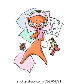 A ginger funny cat lies on a bed with chocolates and communicates in the phone. Vector illustration in a cartoon style. Isolated on white.