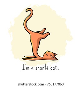Ginger funny cat lies in a funny pose and smiles. Drawing a cartoon style with the inscription "I'm a Shanti Cat." Vector image isolated on white.