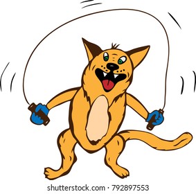 ginger funny cat that jumps on a rope, cartoon character isolated on a white background