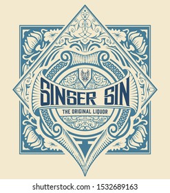 Ginger Gin Label with floral ornaments