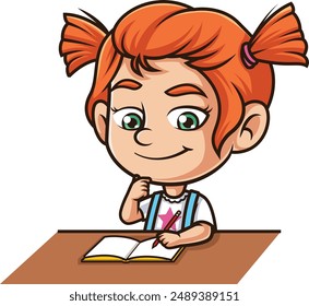 Ginger girl doing homework vector illustration