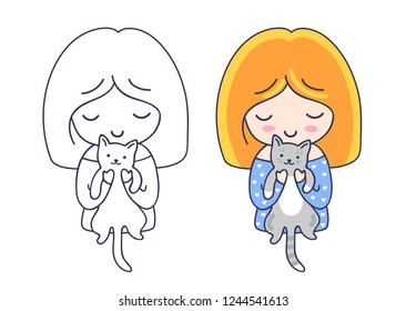 Ginger girl with grey cat. Cute cartoon characters. Vector illustration for coloring book, pin, sticker, patch, badge, print, card, postcard, poster, t-shirt, tattoo.