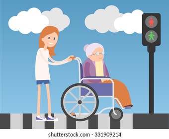 Ginger girl helps old lady in wheelchair to cross road. Flat illustration about people kindness. 