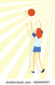 Ginger girl playing with ball vector flat illustaration