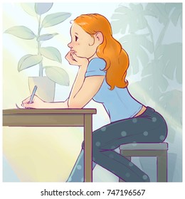 Ginger Girl Studying Thinking and Drawing in Pajamas
