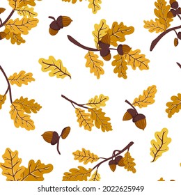 Ginger, gold and yellow autumn oak branch with leaves and acorns vector seamless pattern. Texture of a leaf fall deciduous tree branch for fabrics, wrapping paper, backgrounds and other designs.