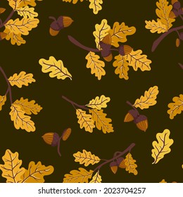 Ginger, gold and yellow autumn oak branch with leaves and acorns vector seamless pattern. Texture of a leaf fall deciduous tree branch for fabrics, wrapping paper, backgrounds and other designs.