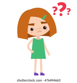 Ginger hair funny girl is asking a question / flat vector editable illustration