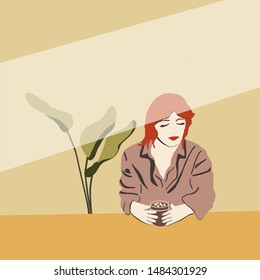 Ginger hair girl holding hot chocolate. Sunny day in autumn colours. Flat cartoon style. Vector illustration. 