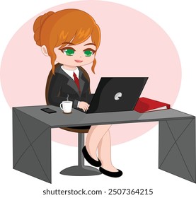 Ginger Hair Office Lady Working on Laptop Sitting on a Desk with Coffee, Smartphone, and File. 