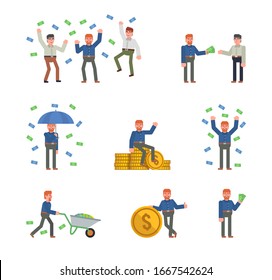 Ginger haired man posing with big golden coins, money, cash. Businessman holding big coin, standing under money shower and showing other actions. Flat design vector illustration