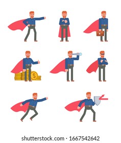 Ingwer hatte Mann in rotem Superheldenmantel, der verschiedene Handlungen zeigt. Geschäftsmann, der Schild, Spieglein, Fliegen und andere Handlungen hält. Flaches Design-Vektorillustration-Illustration