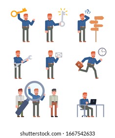 Ginger haired man showing various actions. Businessman holding holding big key, email or letter, running, thinking and showing other actions. Flat design vector illustration