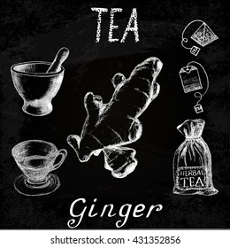 Ginger herbal tea. Chalk board set of vector elements on the basis hand pencil drawings. Ginger root, tea bag, mortar and pestle, textile bag, cup. For labeling, packaging, printed products