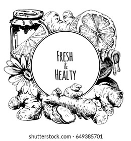 Ginger, honey, flower and lemon. Composition with hand drawn graphic illustrations