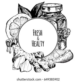 Ginger, honey and lemon. Composition with hand drawn graphic illustrations