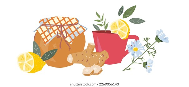 Ginger, honey pot and lemon, flat vector isolated on white background. Ingredients for ginger tea making. Home remedies for flu and cold treatment.