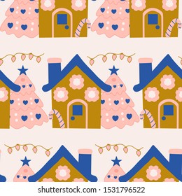 Ginger house and christmas tree in a seamless pattern design, perfect to use on the web or in print