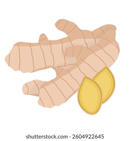 Ginger icon with light brown root and bright yellow slices, crafted in minimal flat design to represent freshness, warmth, and traditional kitchen spices.