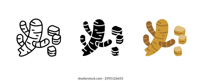 Ginger icon. Spicy and aromatic root used in cooking, tea and herbal medicine. Fresh and dried ginger vector pictogram. Natural ingredient for seasoning, drinks and health remedies.