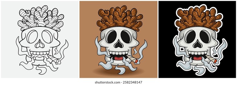 Ginger Inside Skull Head With Smoking Character Cartoon. Black White, Colorful and Sticker Style. For T shirt print, Brand Logo, Label and Mascot product. Vectors Illustrations