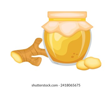 Ginger jam in glass jar and fresh ginger root vector illustration. Glass of ginger marmalade design element. Ginger jam jar icon set isolated on a white background