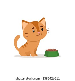Ginger kitten sitting with a full cat bowl. Vector illustration on white background, cartoon style.