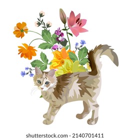 Ginger kitty stands against a beautiful bouquet of flowers isolated on white background in vector. Sweet print on a T-shirt, napkin, pillow with the symbol of the Chinese New Year 2023. 