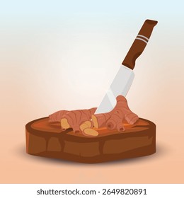Gengibre e faca na ilustração do projeto do porta-copos de madeira 