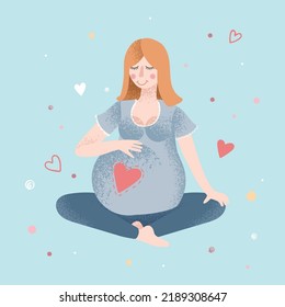A ginger lady practices yoga in a childbirth preparation course. Vector illustration for advertising and web materials