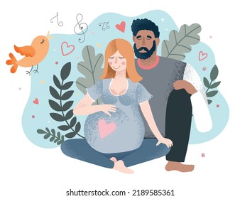 A ginger lady practices yoga with her husband in a childbirth preparation course. Vector illustration for advertising and web materials