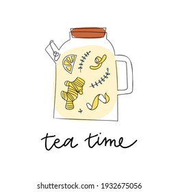 Ginger lemon herbal tea with thyme in the glass teapot. Sketch doodle illustration about tea time. Healthy hot drink for winter.