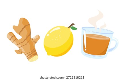 Caricatura de jengibre, limón y té caliente. Una taza de té con Vector de fondo blanco.