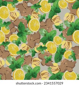 ginger lemon and mint leaves seamless pattern