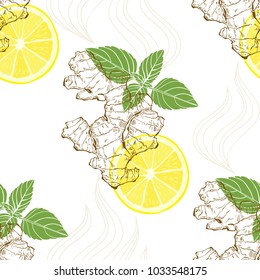 Ginger, lemon and peppermint. Seamless vector pattern on white background.