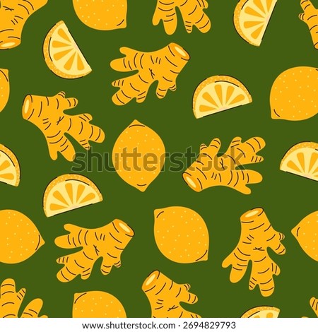 Ginger and lemon seamless pattern, flat vector illustration of healthy food on green background
 Stock photo © 