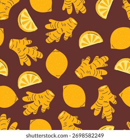 Gengibre e limão padrão sem emenda no fundo marrom escuro, alimento saudável ilustração vetor plana