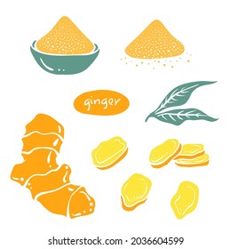 Ginger, lemon, turmeric. Roots and slices. Colorful paper cut collection of herbs and spices isolated on white background. Doodle hand drawn healthy food icons. Vector illustration