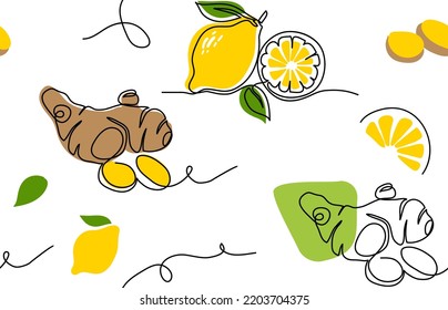 Ginger and lemon vector pattern. One continuous line art drawing pattern for kitchen or cafe decoration, tea or drink packaging.