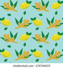 Ginger and lemon vector seamless pattern background. Flat illustration.