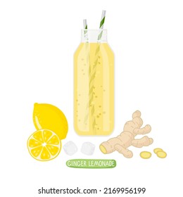 Ginger Lemonade. Botella de vidrio con bebida amarilla e ingredientes de frutas y verduras. Ilustración vectorial plana en blanco Para el menú café, tienda. Bebida de batido crudo orgánico. Nutrición saludable. 