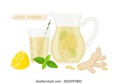 Ginger Lemonade in glass jug. Pitcher and glass with lemonade, lemon fruit, mint, ginger root. Summer refreshing drink. Advertising for pub, bar, restaurant menu, party decor, beverage template