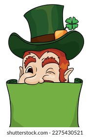 Ginger Leprechaun with winking gesture, top hat and shamrock hiding behind blank and green curly paper. Template in cartoon style.